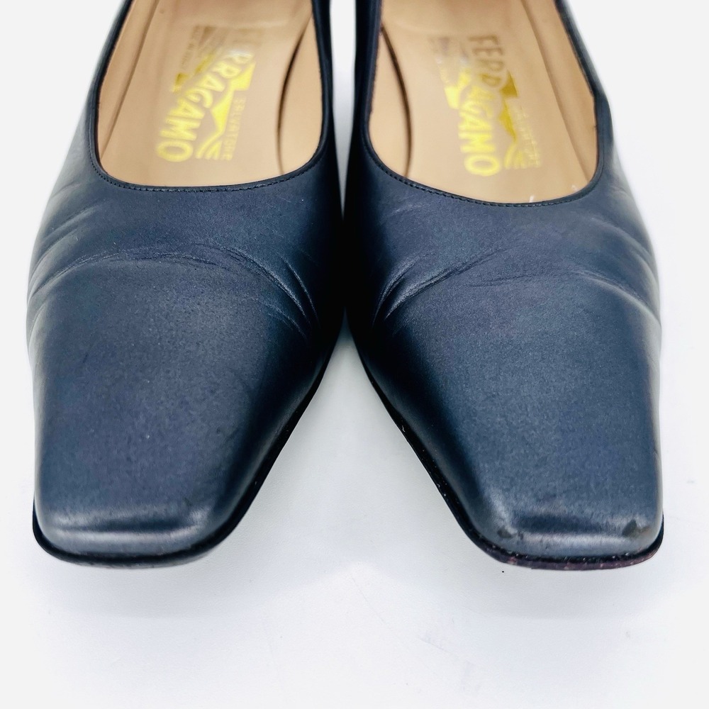Salvatore Ferragamo Slate Gray Pearl Leather with Chrome Gancini Logo Heel 6.5B - Picture 4 of 12